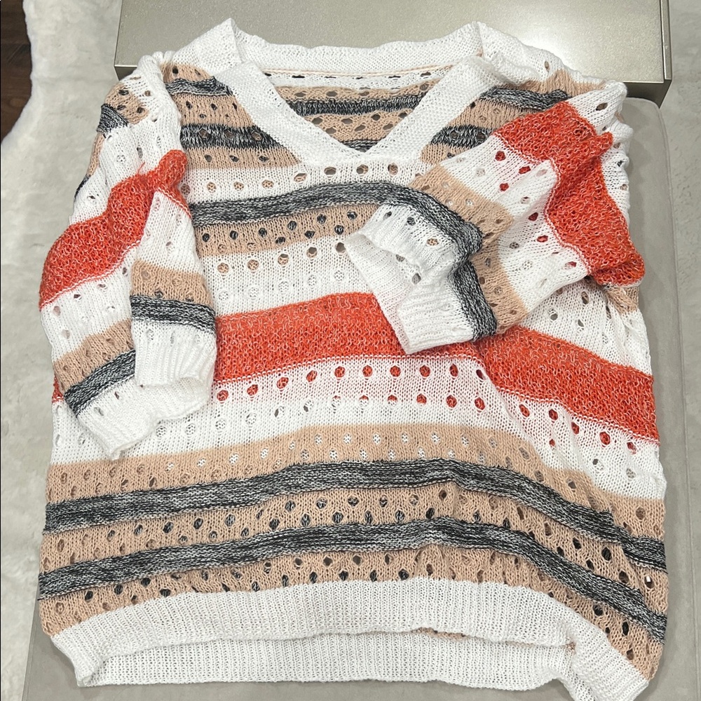 Striped V-Neck Sweater - White, Red, Tan, Gray